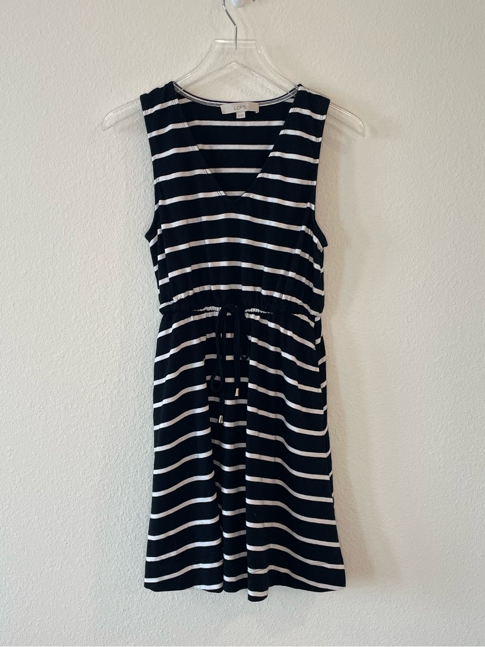 LOFT Black & White Striped V-Neck Drawstring Mini Dress